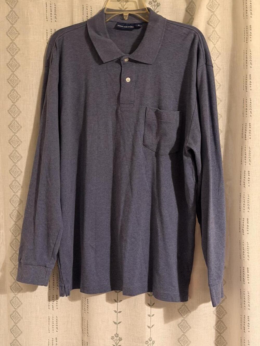 John Ashford Cotton Slate Blue Preppy Nautical Long Sleeve Polo Shirt -Size XL